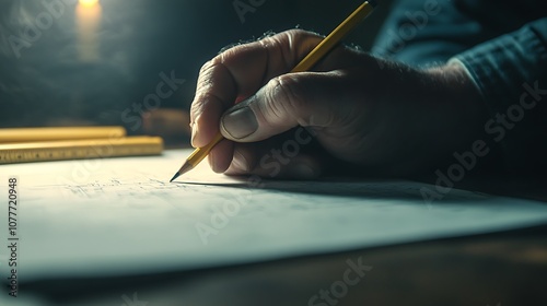 A close-up of a hand holding a pencil, drawing on paper in dim lighting, conveying creativity and concentration.