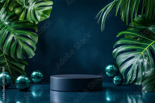 studio background in navy blue color with circular piedestal in the front, product photography, green levitatin balls background, generative ai photo