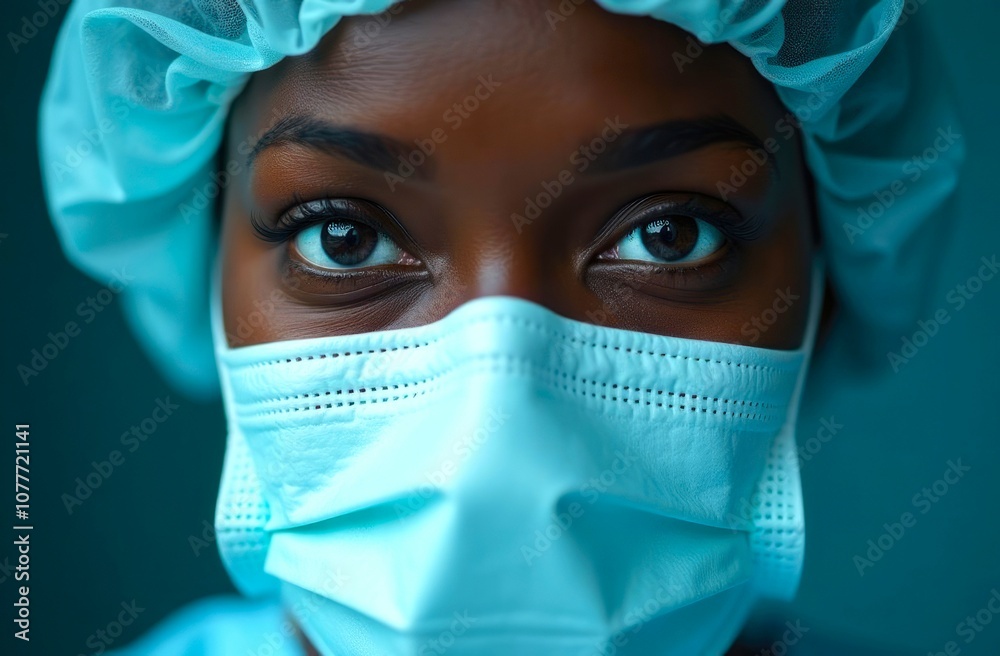 Healthcare worker in medical mask close-up. Portrait of black female, healthcare professional in protective gear focuses on safety Healthcare worker in medical mask close-up. Portrait of black female, healthcare professional in protective gear focuses on safety