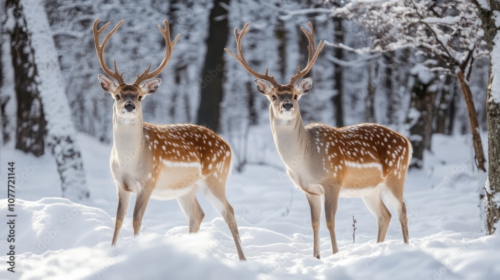 Two spotted deer standing in a snowy forest. Two spotted deer standing in a snowy forest.
