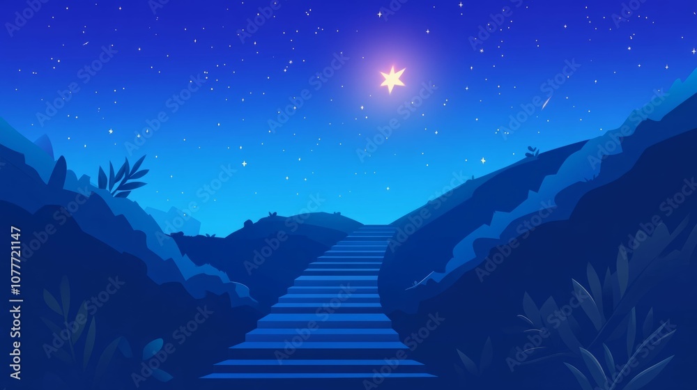 Fototapeta premium A stairway leading up to a bright star in a dark, starry night sky.