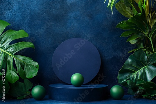 studio background in navy blue color with circular piedestal in the front, product photography, green levitatin balls background, generative ai photo