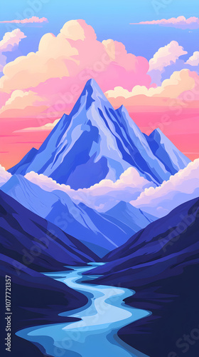 A majestic mountain peak with a winding river flowing through a valley, with a pink and blue sky.