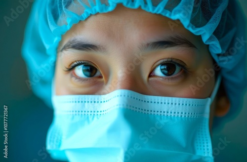 Healthcare worker in medical mask close-up. Portrait of asian female, healthcare professional in protective gear focuses on safety