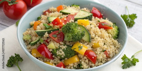 An overhead shot of quinoa salad with bits of colorful vegetables mixed in evoking a sense of freshness and healthiness in each grainfilled bite. photo