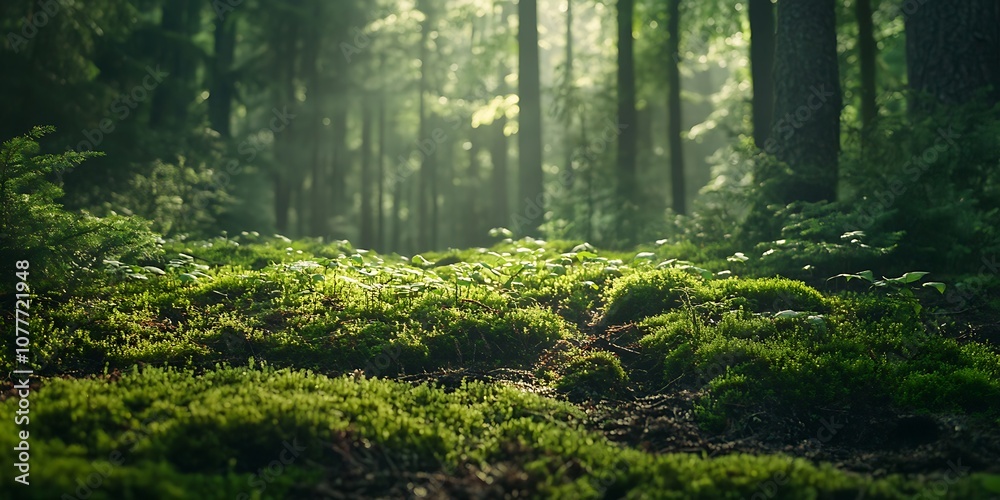Sunbeams through Trees in Forest with Lush Green Moss Sunbeams through Trees in Forest with Lush Green Moss
