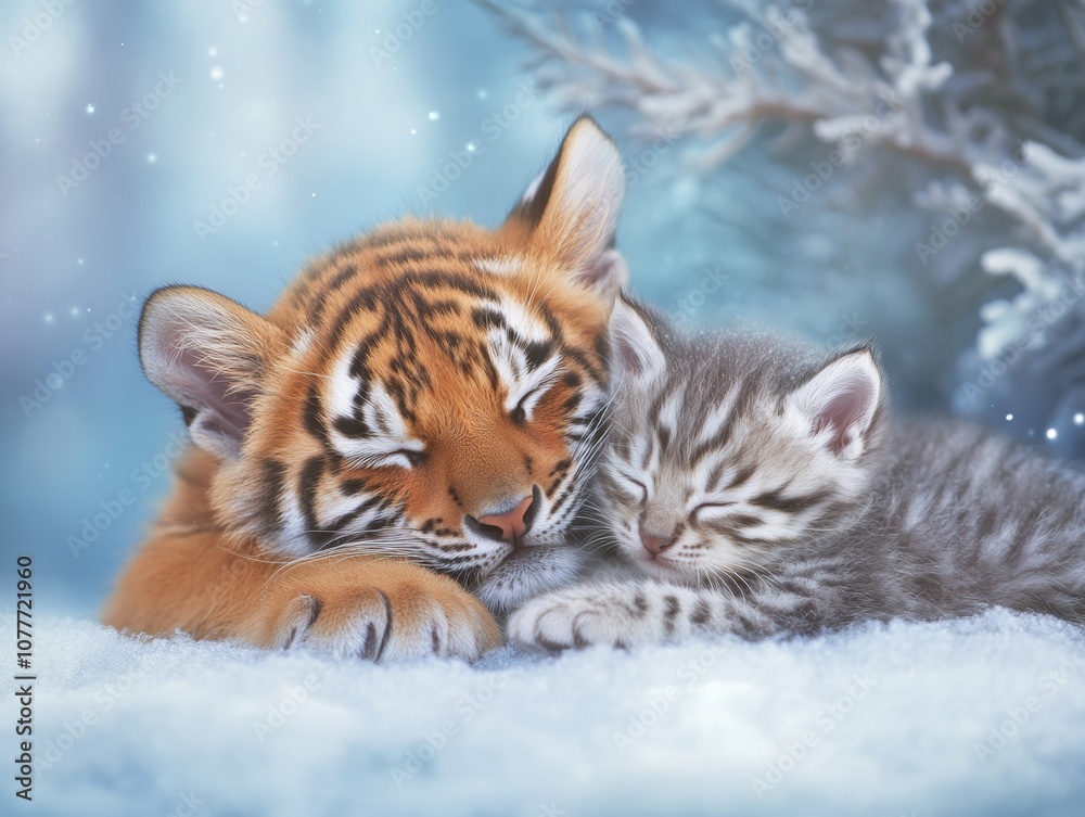 A tiger and a kitten peacefully sleeping together in a snowy landscape.