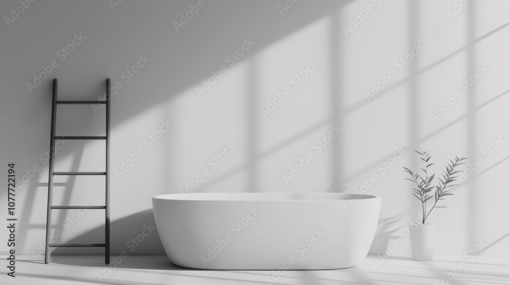 A minimalist bathroom featuring a freestanding tub, a ladder, and natural light casting shadows on the walls. A minimalist bathroom featuring a freestanding tub, a ladder, and natural light casting shadows on the walls.