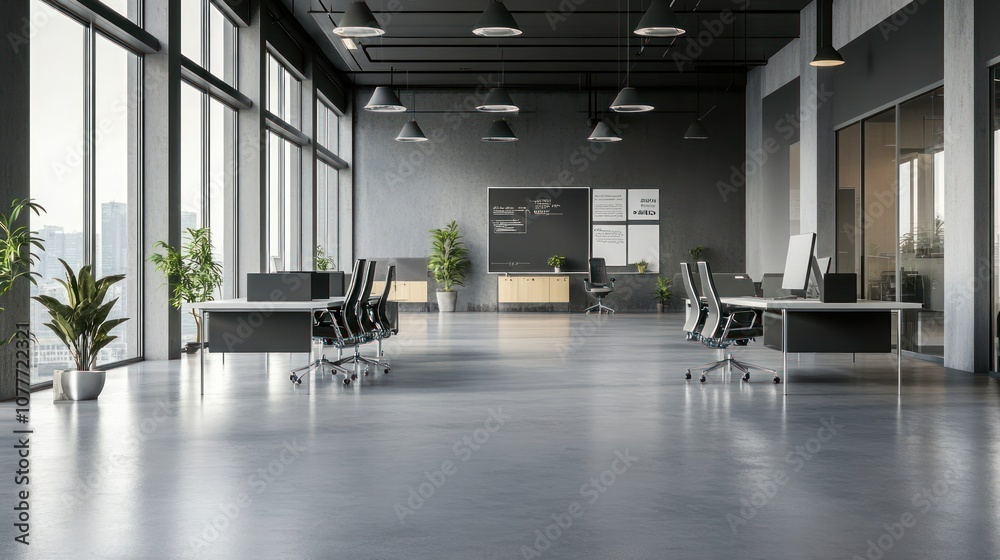 Modern office space with desks, chairs, plants, and large windows for a professional environment.