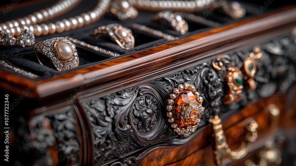 A collection of elegant jewelry pieces displayed in a beautifully ornate vintage box, showcasing luxury, style, and craftsmanship reflecting timeless beauty and elegance. A collection of elegant jewelry pieces displayed in a beautifully ornate vintage box, showcasing luxury, style, and craftsmanship reflecting timeless beauty and elegance.