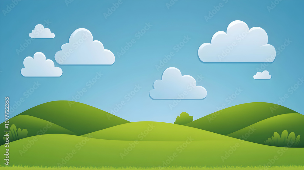 Cartoon illustration of a green field with hills and clouds. Cartoon illustration of a green field with hills and clouds.