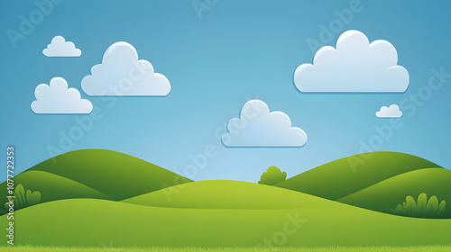 Cartoon illustration of a green field with hills and clouds.