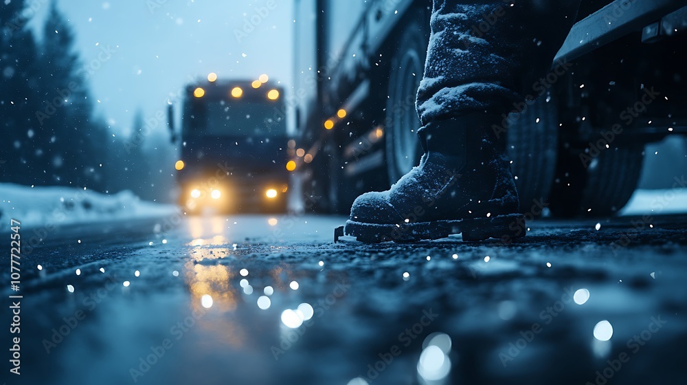 A snowy scene featuring a truck on a road at night, with a close-up of a boot standing on the ground, surrounded by falling snowflakes. A snowy scene featuring a truck on a road at night, with a close-up of a boot standing on the ground, surrounded by falling snowflakes.