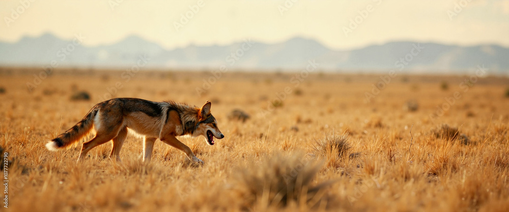 Fototapeta premium Coyote prowling through dry grassland with distant mountains
