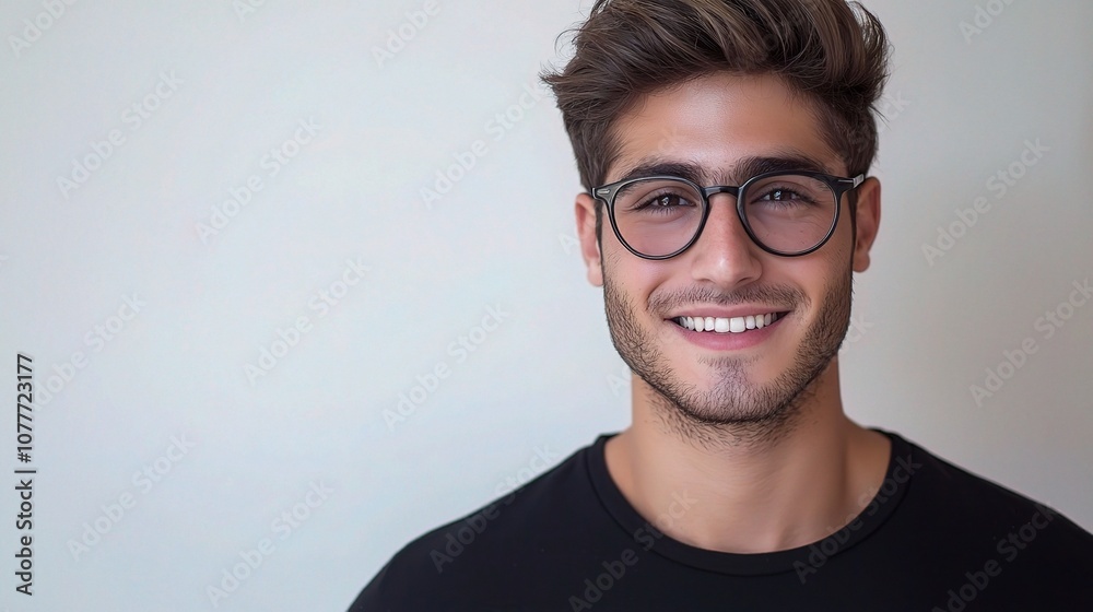 Handsome Young Man Smiling with Stylish Glasses, Expressing Confidence and Charm in a Minimalistic Setting Perfect for Stock Imagery