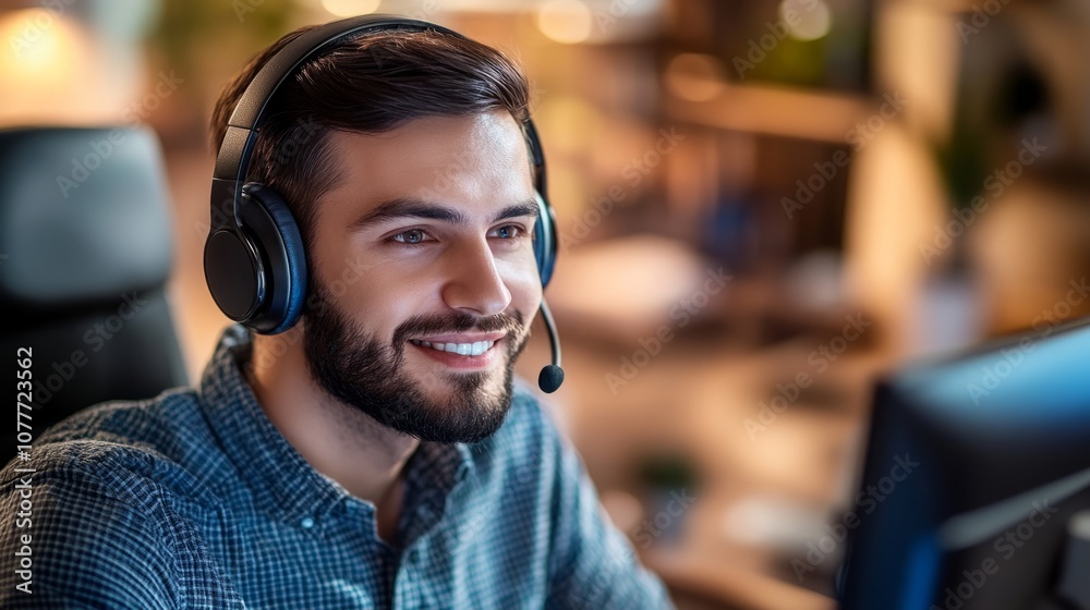 Professional on a video call with teammates, working from a stylish home office, headset and focused expression Professional on a video call with teammates, working from a stylish home office, headset and focused expression