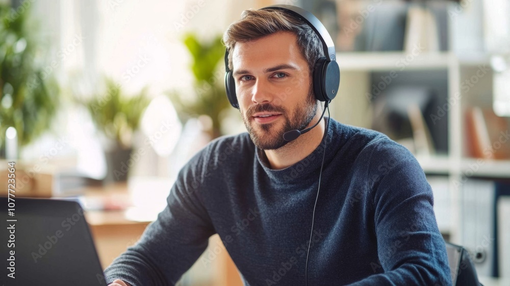 Obraz premium Professional on a video call with teammates, working from a stylish home office, headset and focused expression