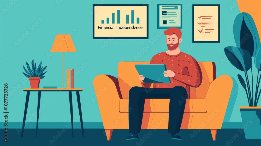 Fototapeta premium A man sits on a couch, engaging with a tablet, surrounded by plants and wall decor, highlighting a cozy, modern living space.