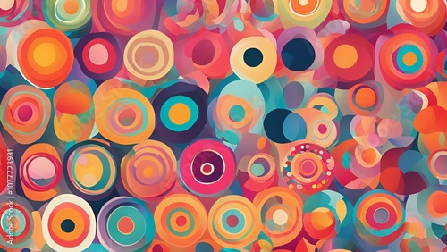 Abstract bright colorful circle geometric shapes design background. Stacked round shape pattern. Minimalist geometric style. Multicolored circles.