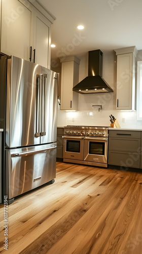 Modern kitchen with stainless steel appliances, a black range hood, and hardwood floors.