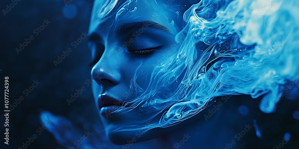 Abstract portrait of a woman's face with blue neon glowing liquid effect. Futuristic fantasy art. Abstract portrait of a woman's face with blue neon glowing liquid effect. Futuristic fantasy art.