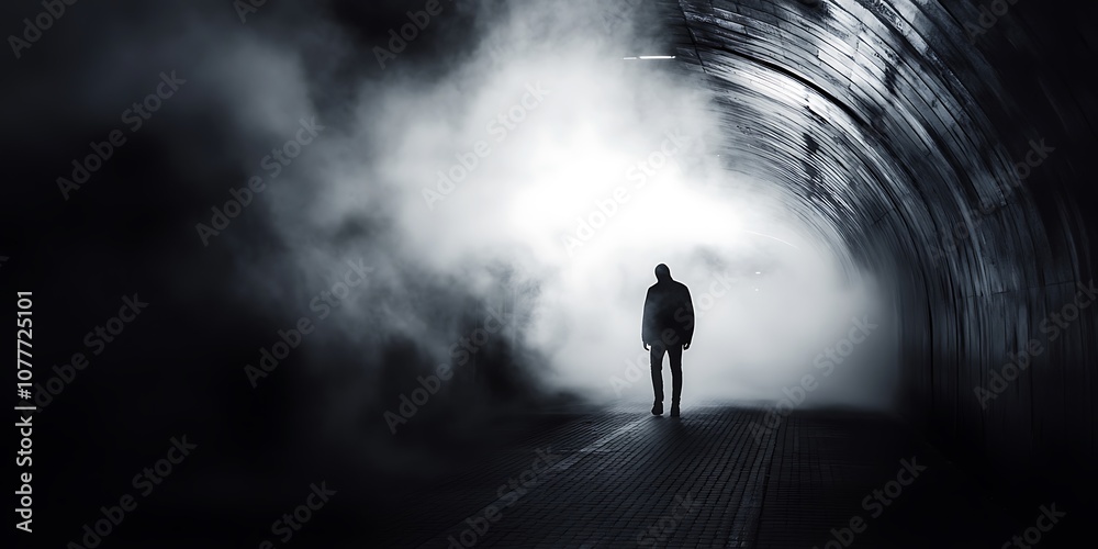 Silhouette of a Man Walking Towards a Bright Light in a Dark Tunnel Silhouette of a Man Walking Towards a Bright Light in a Dark Tunnel
