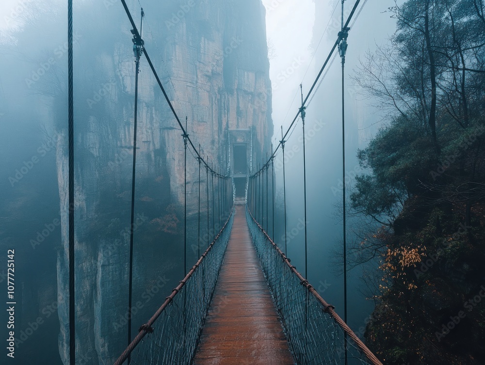 Obraz premium A misty suspension bridge connecting cliffs in a serene, atmospheric landscape.
