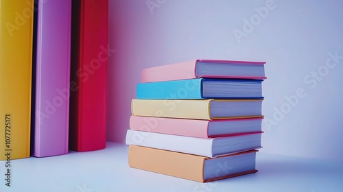 Aesthetic Stacked Multicolor Books on a White Background Perfect for Education, Learning, or Office Use, Showcasing Vibrant Covers and Minimalist Style