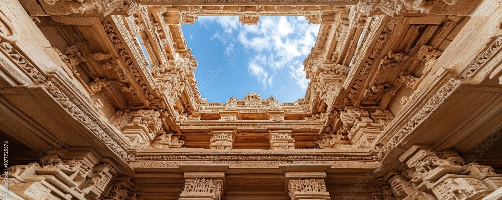 Fototapeta premium Intricate architectural details frame a bright sky in this stunning temple structure.