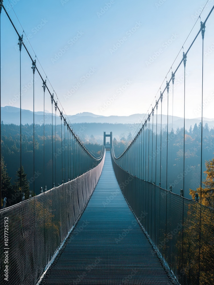 Fototapeta premium A serene suspension bridge stretches over a misty landscape, connecting nature and adventure.