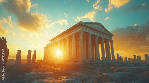 Ancient Greek temple ruins at sunset.