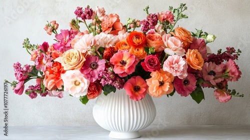 A white vase filled with flowers. 