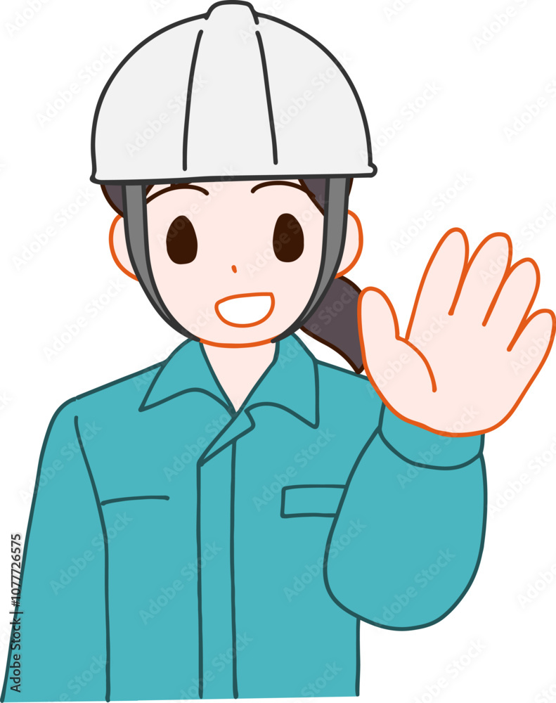 ヘルメットを被り、作業服を着た挨拶する笑顔のデフォルメ女性のイラスト