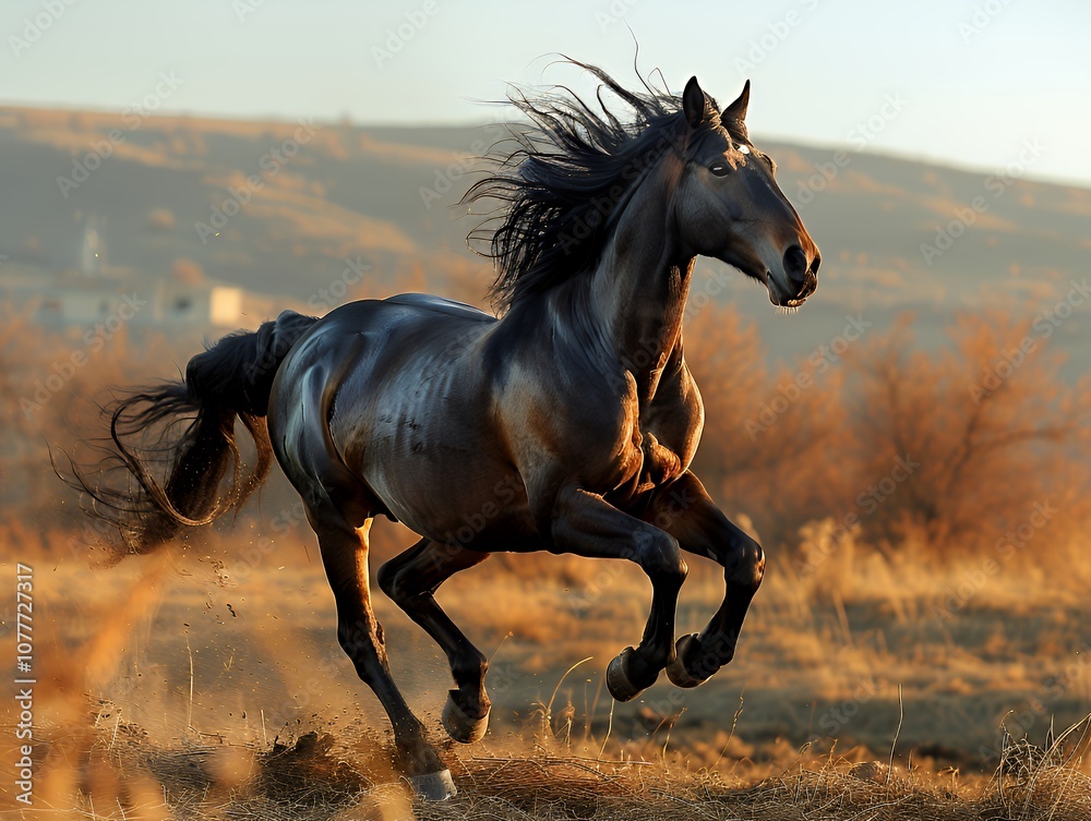 Majestic Horse Running Through Golden Field Majestic Horse Running Through Golden Field