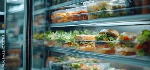 Close up of fresh sandwiches and salads displayed on shelves in a refrigerated case. photo