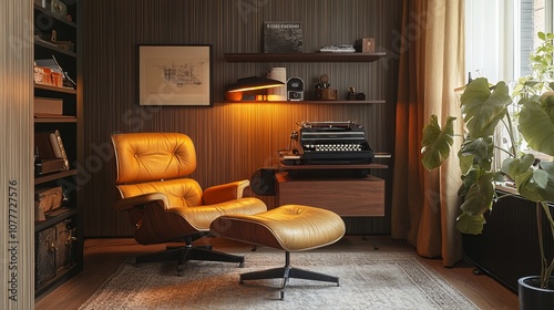 An Ottoman Danish-designed armchair in a cozy, contemporary, 60s-style living room with a wall shelf and a typewriter in the background, with an orange lamp on the hardwood floor.
