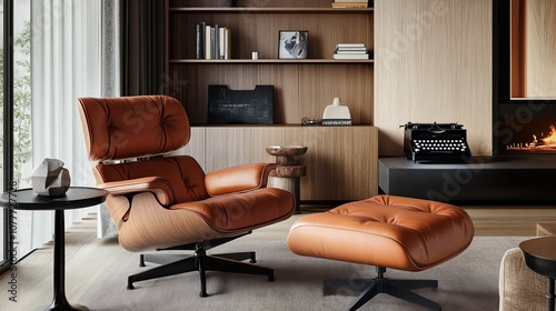 An Ottoman Danish-designed armchair in a cozy, contemporary, 60s-style living room with a wall shelf and a typewriter in the background, with an orange lamp on the hardwood floor. photo