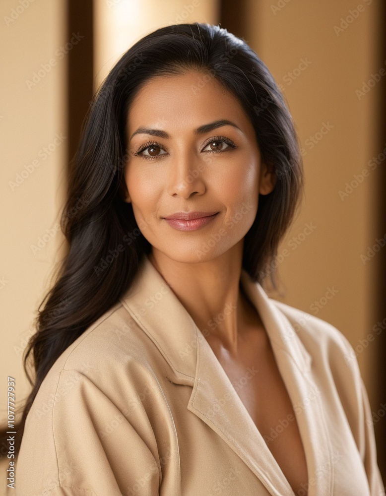 A woman with long dark hair, wearing a beige blazer, smiles warmly at the camera. A woman with long dark hair, wearing a beige blazer, smiles warmly at the camera.