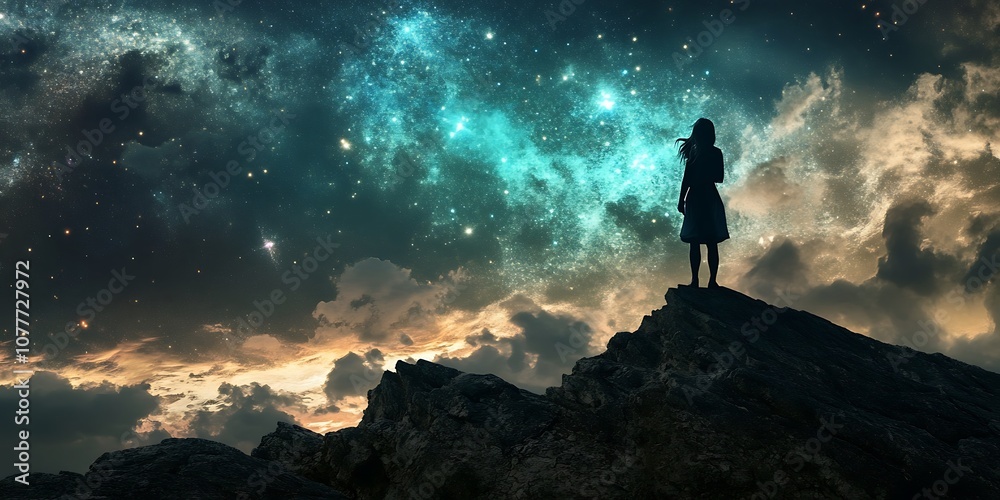 Fototapeta premium Silhouette of a woman standing on a clifftop looking at a starry night sky. Mystical and magical fantasy illustration concept art