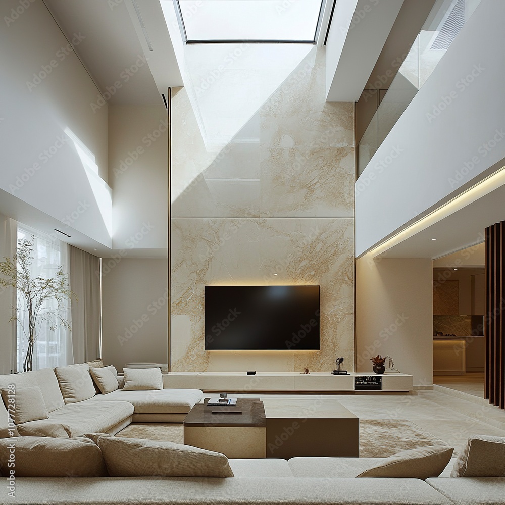 The modern living room is equipped with a large screen TV, beige marble panels, and neutral tones, adopting a modern minimalist style. generative ai The modern living room is equipped with a large screen TV, beige marble panels, and neutral tones, adopting a modern minimalist style. generative ai