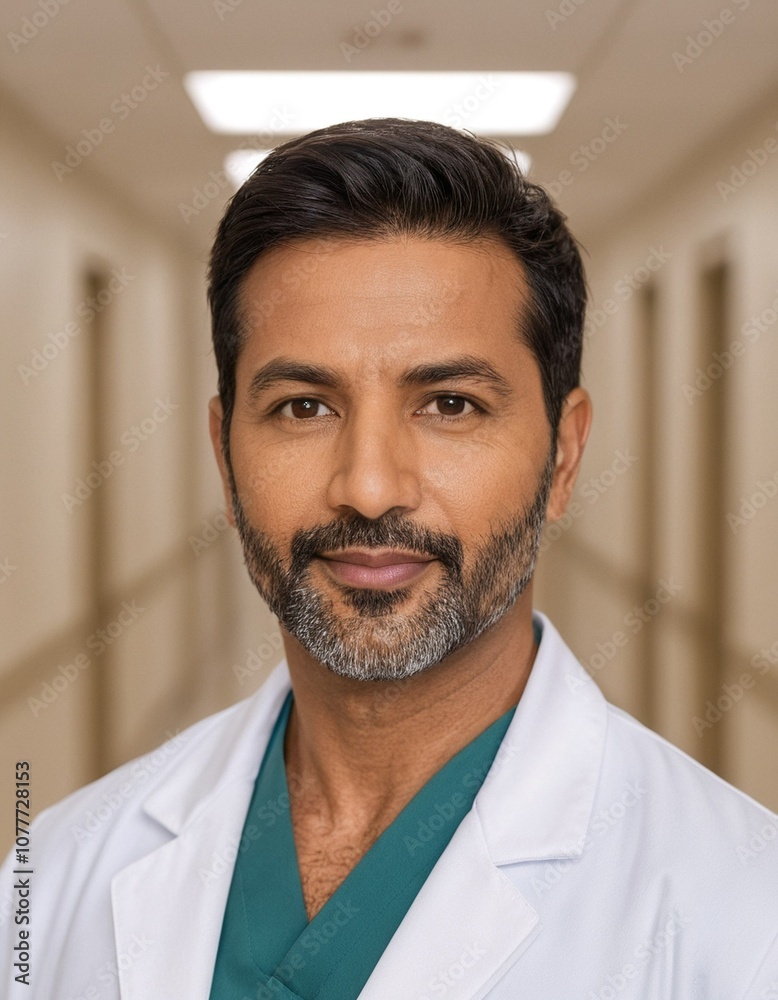 Obraz premium A man in a white coat and green scrubs smiles at the camera in a hospital corridor.