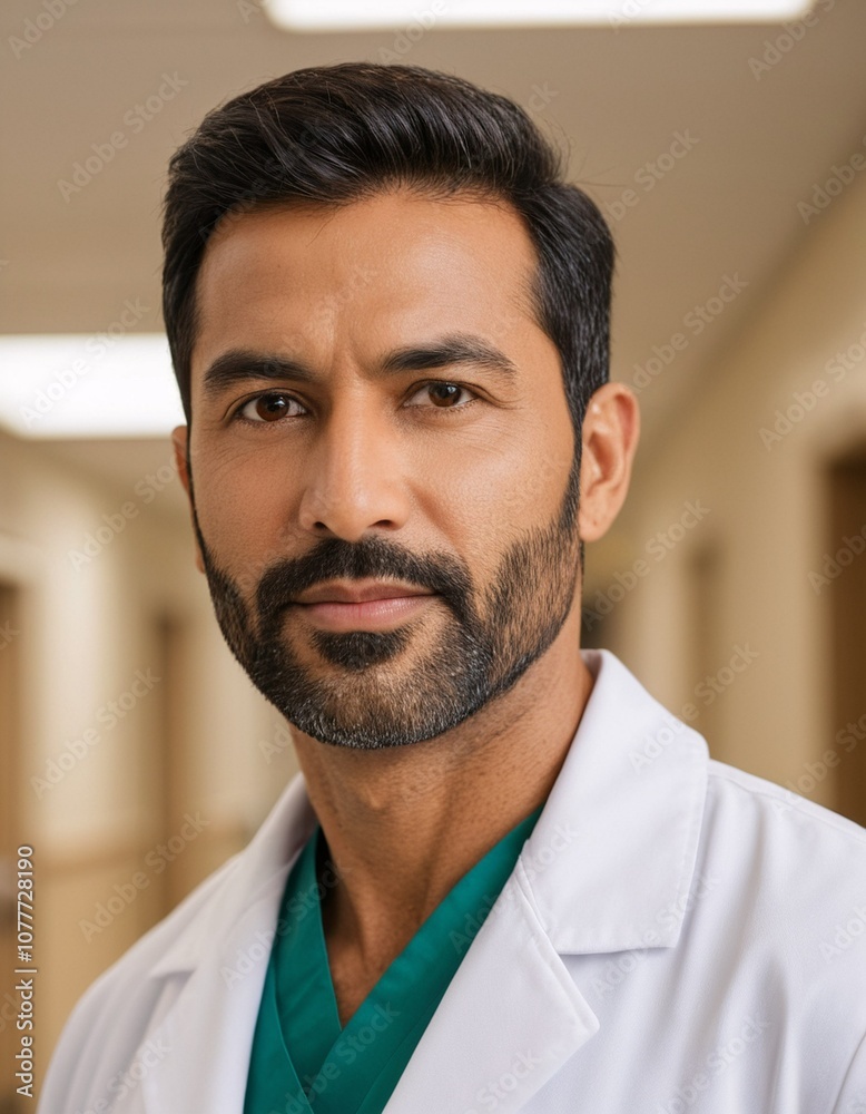 Obraz premium A man in a white coat and green scrubs looks directly at the camera with a serious expression.