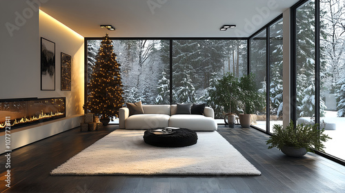 Modern Living Room with Winter Landscape View