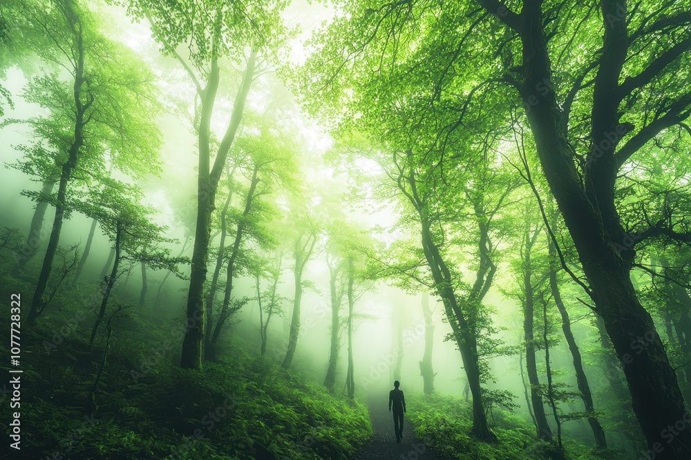 Person walking through a dreamlike forest with soft light filtering through the trees, with ample blank space for commercial text about nature, exploration, or relaxation Person walking through a dreamlike forest with soft light filtering through the trees, with ample blank space for commercial text about nature, exploration, or relaxation