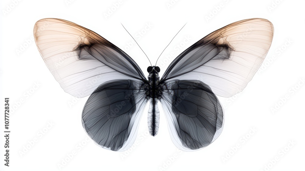 A delicate butterfly displaying a unique black and white pattern, showcasing intricate details and symmetry in its wings.