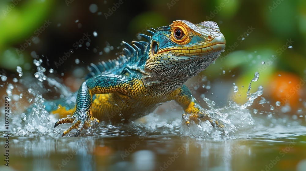 A vibrant lizard splashes through water in a lush environment. A vibrant lizard splashes through water in a lush environment.