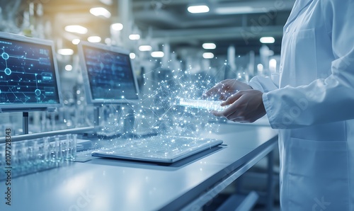 A scientist interacts with a digital interface in a lab, showcasing futuristic technology and data visualization.