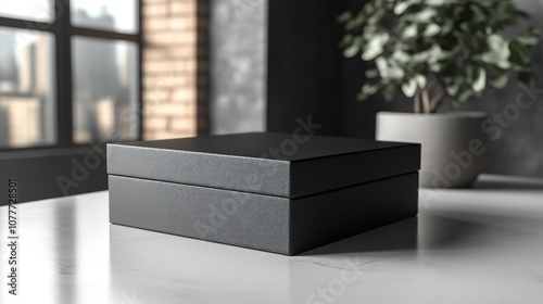 A sleek black box on a modern table near a window.