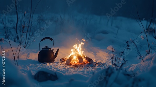 Kettle and campfire in the snow. Go on an adventure in Finland. 
