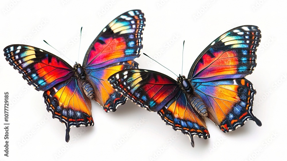 Obraz premium Two Colorful Butterflies Isolated on a White Background Showcasing Intricate Wing Patterns and Vibrant Colors in High Definition Quality for Creative Projects